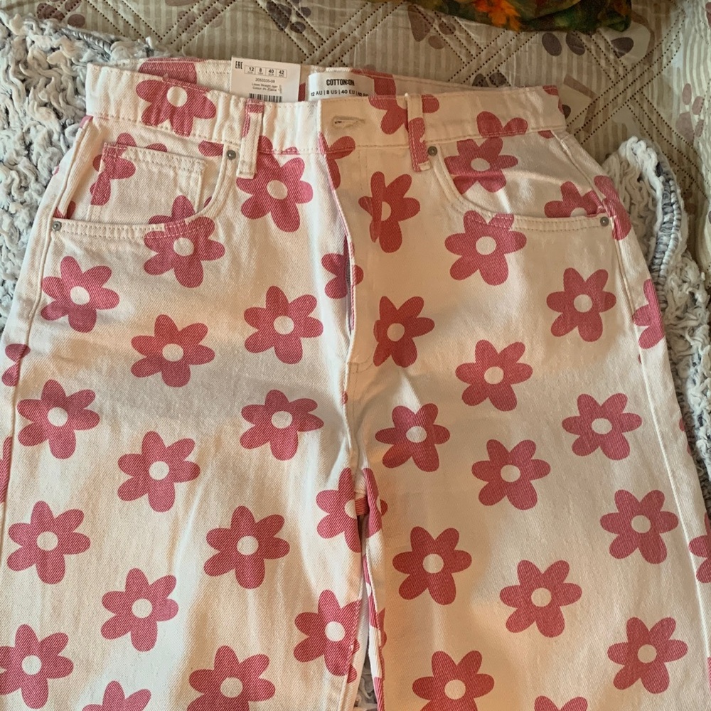 Cotton On White Jeans with Pink Floral Print
